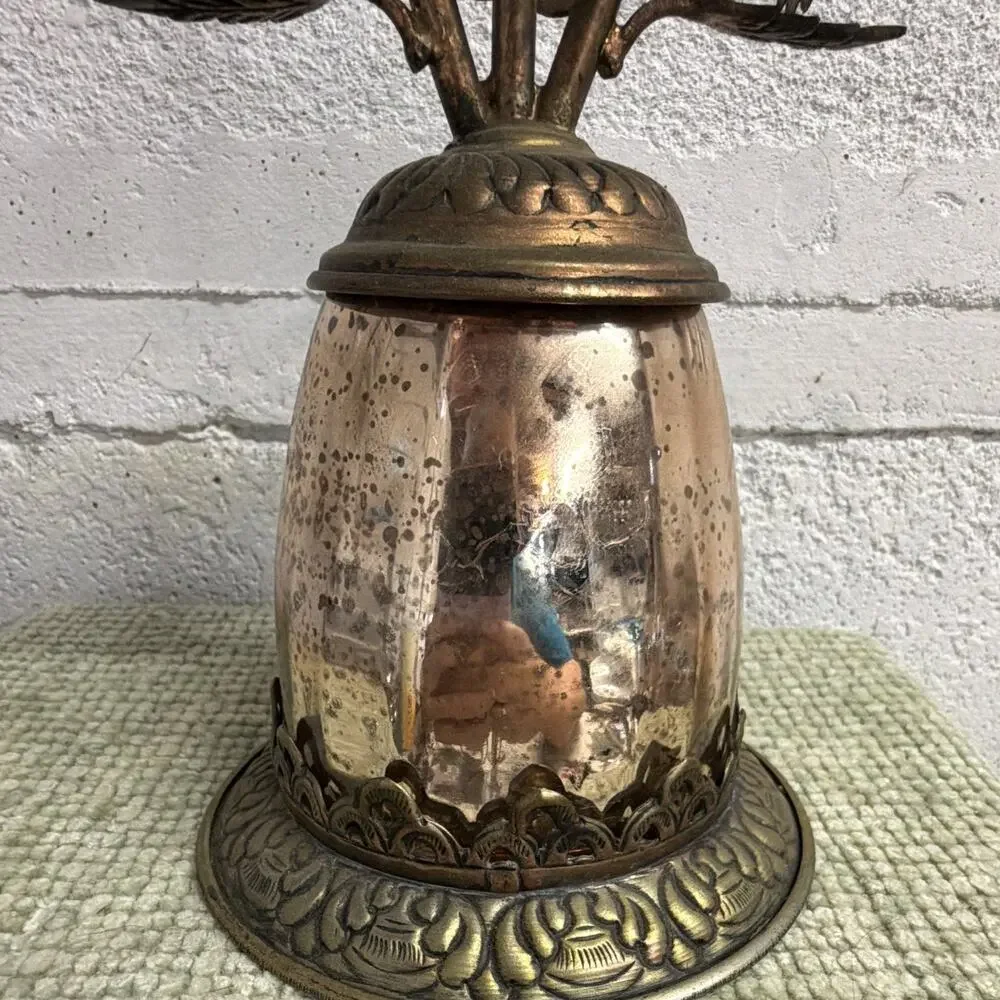 Vintage Brass Copper Candle Holder Mercury Glass Floral Flowers 8” Boho Decor